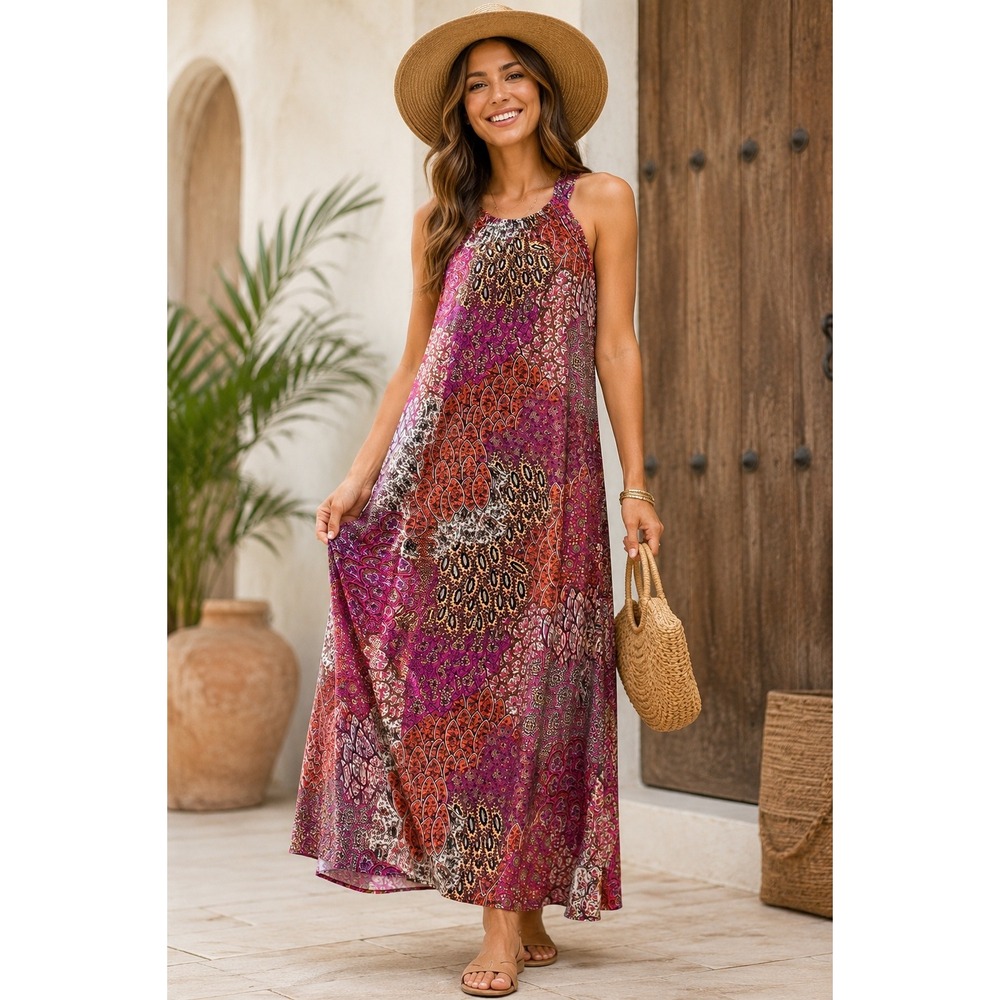 Anne Klein Boho Paisley Halter Maxi Dress Pink Purple Orange Festival Resort 10